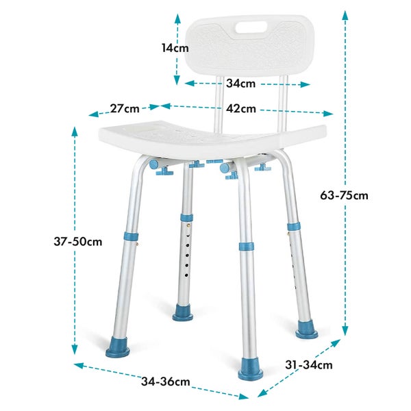 Duschstuhl mit verstellbaren Beinen und Rückenlehne mit Maßangaben