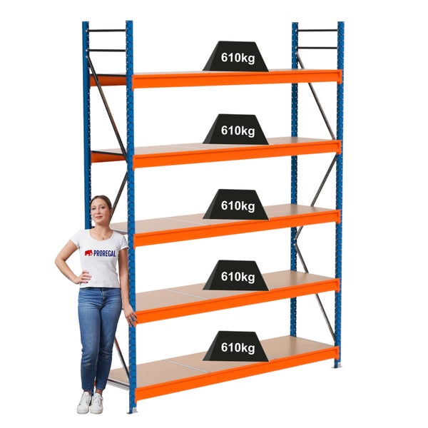 Regal mit fünf Ebenen, Lastangabe 610 Kilogramm pro Ebene