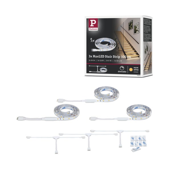 Paulmann Logo. Drei MaxLED Stair Strips, je 100 cm, mit Zubehör und Verpackung.