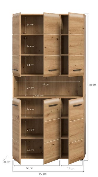 Holzschrank mit Türen und offenen Fächern, Maße 185 mal 90 mal 30 Zentimeter.
