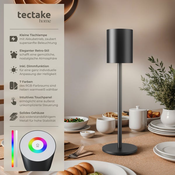 tectake Corly Retro-Tischlampe Corly, LED, 7 Lichtfarben, dimmbar 10 x 37 cm schwarz