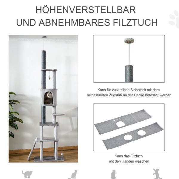 PawHut Kratzbaum Katzenbaum Deckenhoch Kletterbaum mit Katzenspielzeug Sisal Plüsch Hellgrau höhenverstellbar 60 x 40 x 225-255 cm
