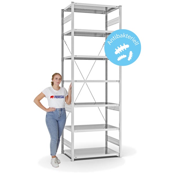 PROREGAL Antibakterielles Fachbodenregal Stecksystem T-Profil HxBxT 300 x 100 x 60 cm 7 Ebenen Traglast 140 kg Antibakterielle Beschichtung Weiß