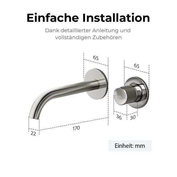 Wand-Waschtischarmatur aus gebürstetem Metall mit Maßen: Auslauflänge 170 Millimeter, Durchmesser 22 Millimeter, Rosettendurchmesser 65 Millimeter.
