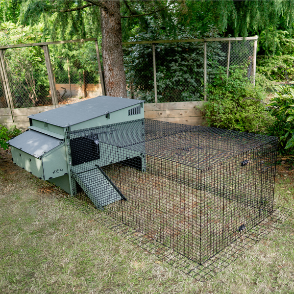 Hühnerstall aus recyceltem Kunststoff mit einem großen Freilaufgehege aus Drahtgitter auf einer Rasenfläche im Garten.