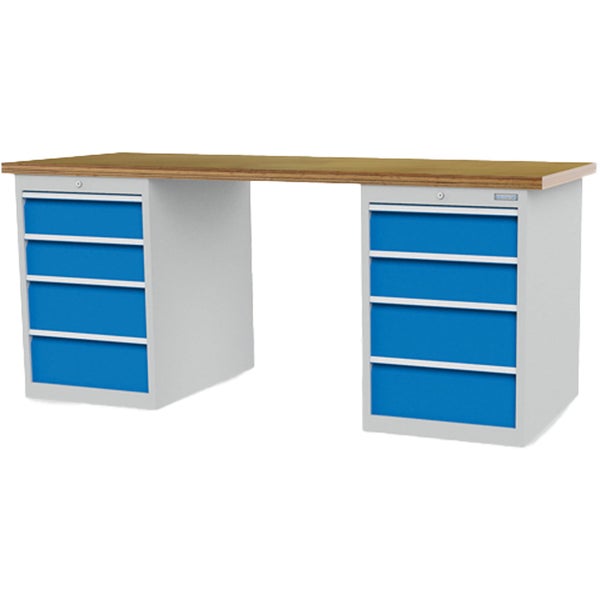 Werkbank mit zwei Schubladenschränken mit je vier blauen Schubladen und einer Arbeitsplatte aus Holz.