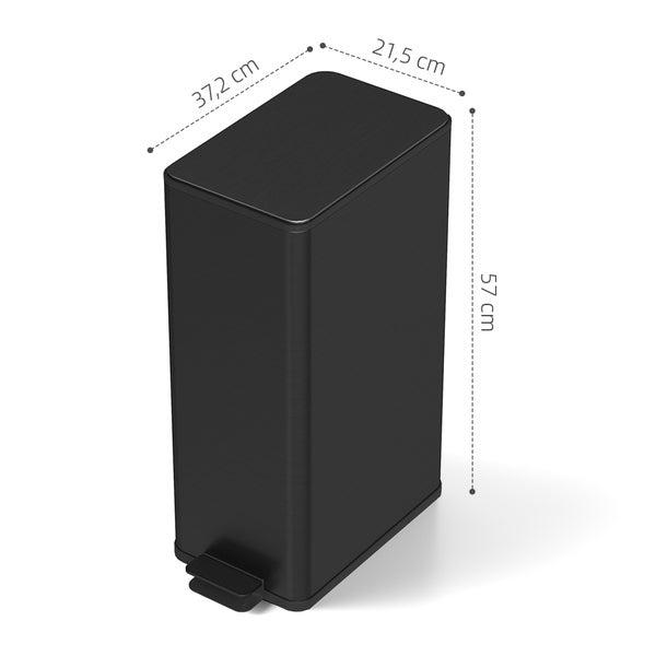 Schwarzer Tretmülleimer mit Maßen: Höhe 57 Zentimeter, Breite 21,5 Zentimeter, Tiefe 37,2 Zentimeter.