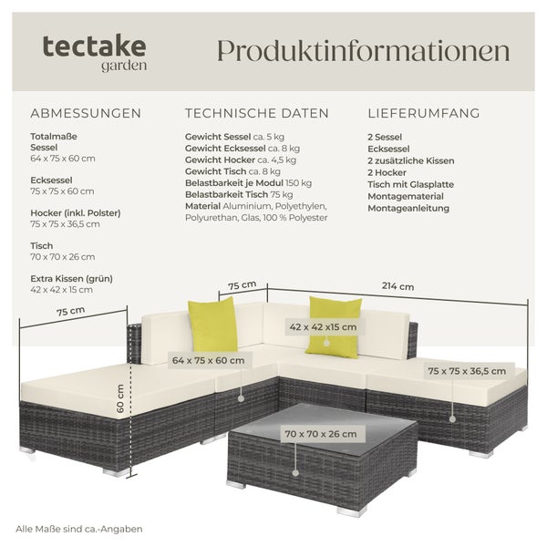 Rattan Lounge tectake Paris mit Sicherheitsglasplatte mit Aluminiumgestell grau