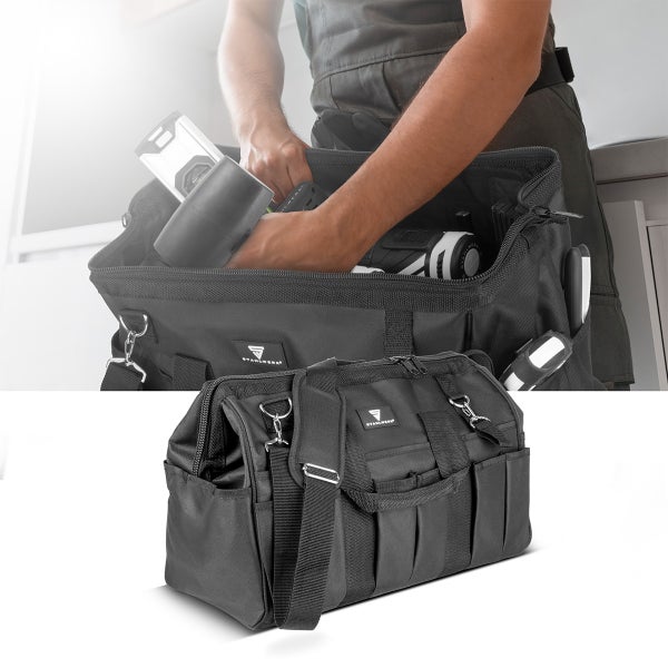 Werkzeugtasche mit Handwerker, der Werkzeuge einräumt