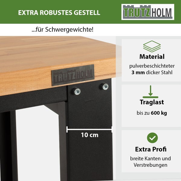 Detailansicht eines Arbeitstisches mit pulverbeschichtetem Stahlgestell, 3 mm dick, maximale Traglast 600 kg, extra breite Kanten und Trutzholm Logo