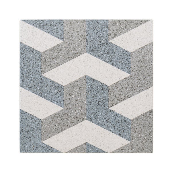 Quadratische Fliese in Terrazzo-Optik mit geometrischem Zick-Zack-Muster für Wand und Boden