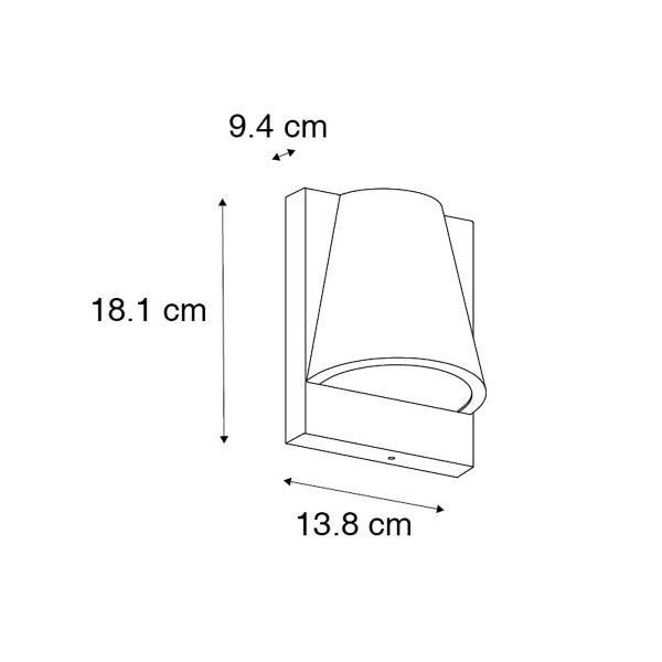 Maßzeichnung einer Wandleuchte mit einer Höhe von 18,1 Zentimetern, einer Breite von 13,8 Zentimetern und einer Tiefe von 9,4 Zentimetern.
