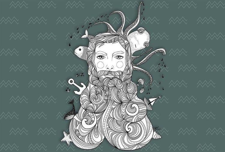 Illustration eines Mannes mit langen Haaren und Bart, die Meeresmotive wie Kraken, Fische, Anker und Muscheln im Linienstil enthält.