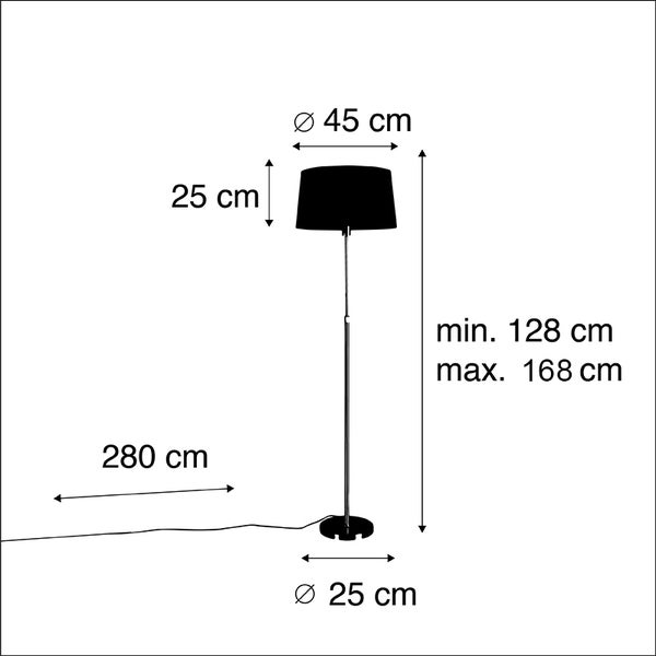 Abmessungen einer Stehlampe: Lampenschirmdurchmesser 45 cm, Lampenschirmhöhe 25 cm, Kabellänge 280 cm, Lampenhöhe zwischen 128 cm und 168 cm, Basisdurchmesser 25 cm.