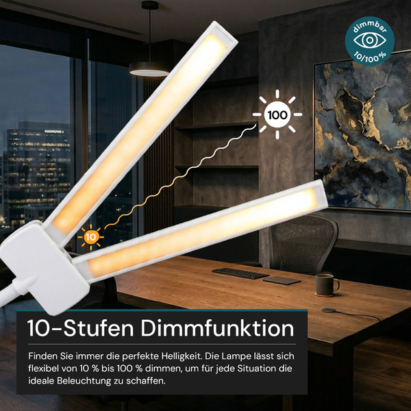 Dimmbare zweiköpfige LED-Schreibtischlampe in einem modernen Büro auf einem Holztisch. Helligkeit von 10 Prozent bis 100 Prozent regelbar.