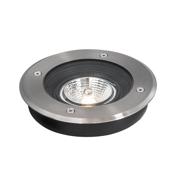 Runder Bodeneinbaustrahler aus Edelstahl mit Glasscheibe und vier Schrauben.