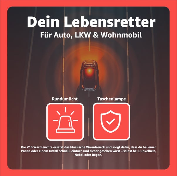 V16 Warnleuchte für Auto, Lastkraftwagen und Wohnmobil mit Rundumlicht und Taschenlampe