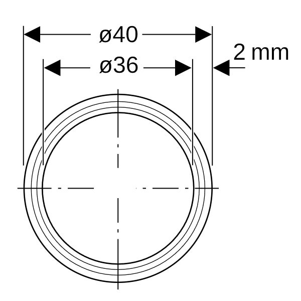Maßzeichnung eines Rings mit Außendurchmesser 40 Millimeter, Innendurchmesser 36 Millimeter und Stärke 2 Millimeter.