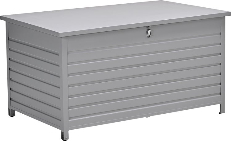 Kissenbox aus Metall mit Deckel und Lamellenstruktur für den Außenbereich