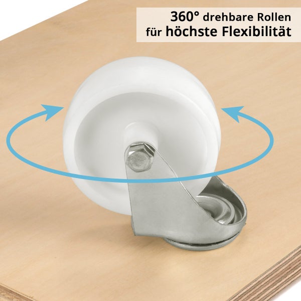 Kunststoff-Lenkrolle mit Metallbeschlag und 360 Grad Schwenkfunktion montiert auf einer Holzoberfläche.