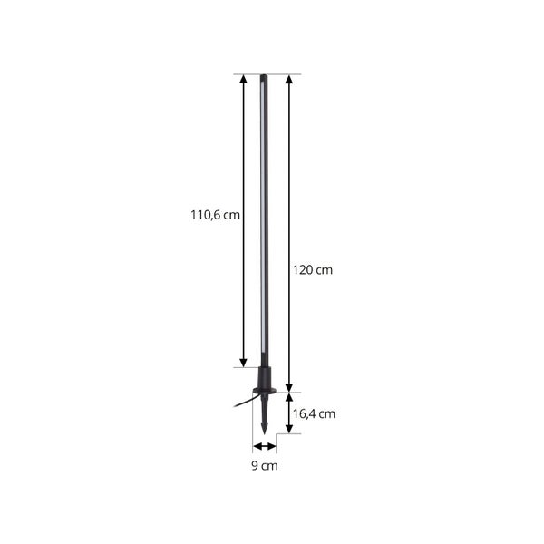 Schwarze LED-Gartenleuchte mit Erdspieß. Höhe 120 Zentimeter, Lichtleiste 110,6 Zentimeter, Erdspieß 16,4 Zentimeter, Breite 9 Zentimeter.