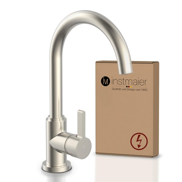 instmaier Niederdruck Küchenarmatur K3 | 360° schwenkbar | Wasserhahn Küche | Spültischarmatur Edelstahlfarben | Hoher Auslauf | mit Zentralverschraubung