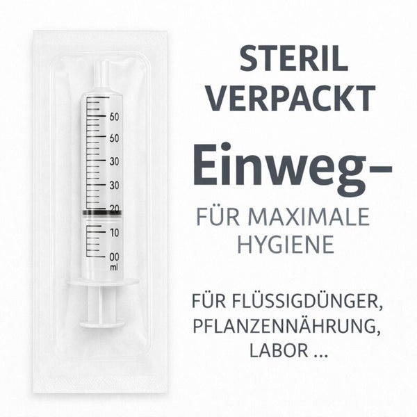 Steril verpackte Einwegspritze mit 60 Milliliter Skala für Flüssigdünger und Pflanzennahrung.