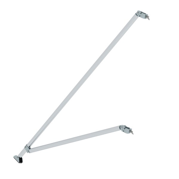 Gerüst-Ausleger aus Metall mit zwei Stangen, Befestigungsschellen und einem Standfuß.