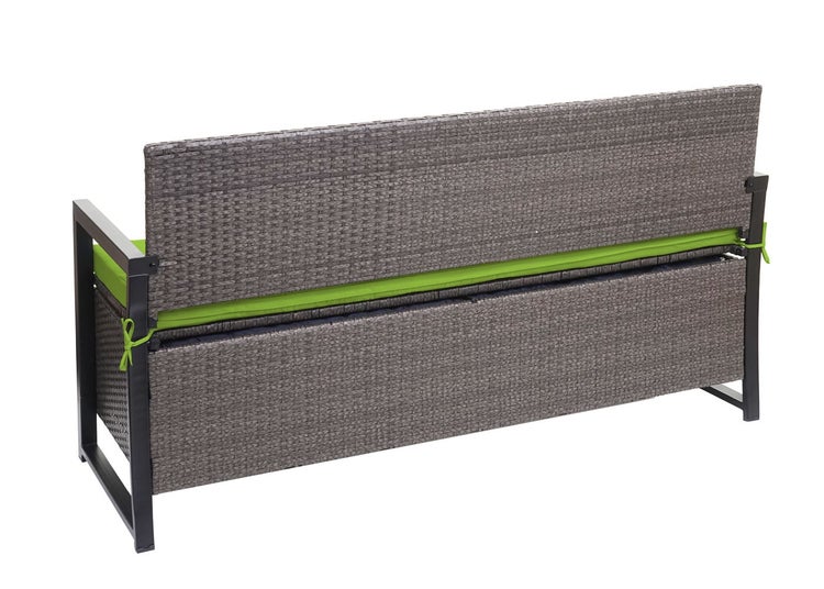 Rückansicht einer Gartenbank aus Polyrattan mit integrierter Auflagenbox und grüner Sitzauflage.