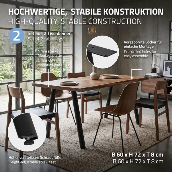 Set aus zwei Tischbeinen mit Montageplatte und höhenverstellbaren Schraubfüßen für einen Esstisch im Esszimmer