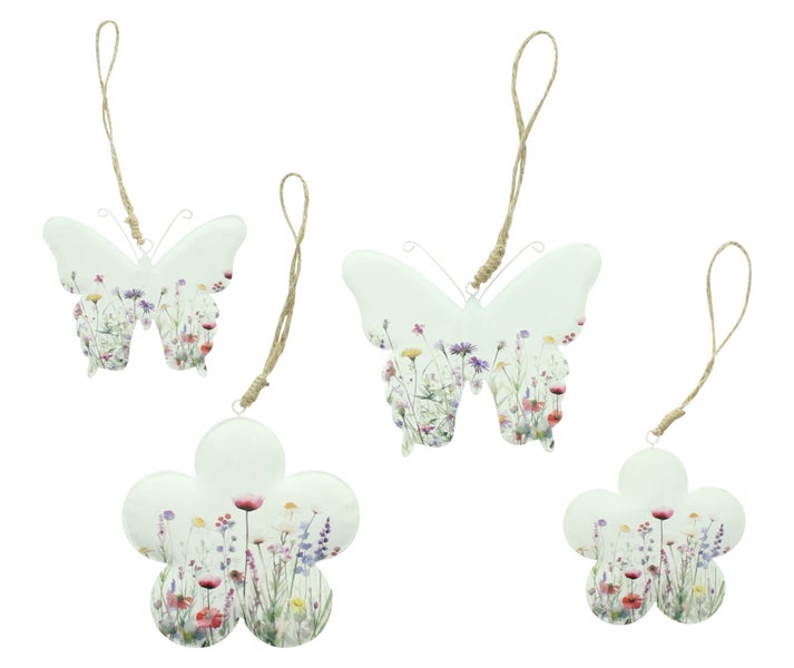 FRANK FLECHTWAREN|Hänger Frühlingswiese, 4er Set, 11 x 9 cm, 10 x 10 cm, 14 x 11,5 cm, 13 x 13 cm, METALL, JUTE