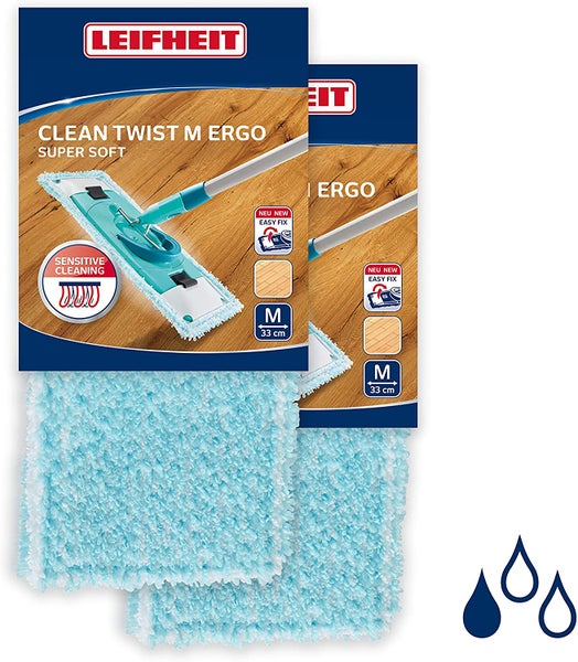 Leifheit 2er Set Wischbezug Clean Twist Ergo M super soft 33cm für Parkett, Holzböden und Kork, Ersatzbezug mit Spezialfasern, Wischer Ersatzbezug für minimale Wasseraufnahme