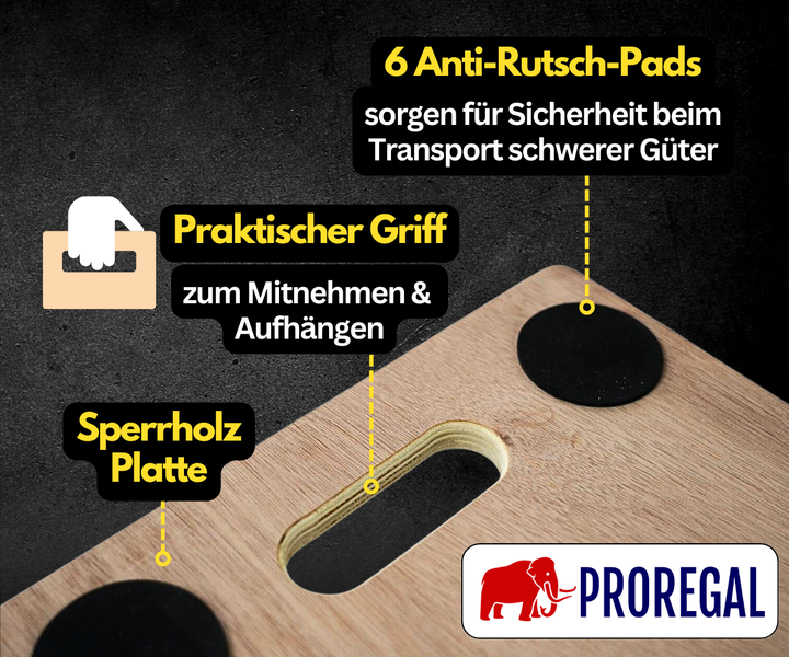 Sperrholzplatte eines Transportrollers mit praktischem Griff zum Mitnehmen und Aufhängen sowie sechs Anti-Rutsch-Pads. Proregal Logo.