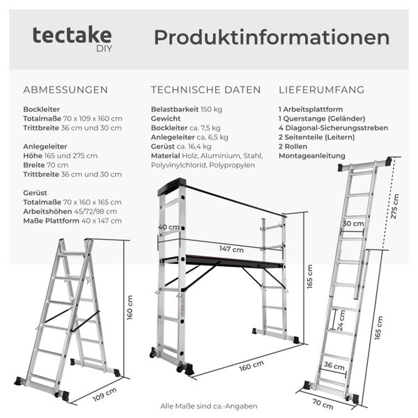 Produktinformationen zu Bockleiter, Anlegeleiter und Gerüst mit Maßangaben.