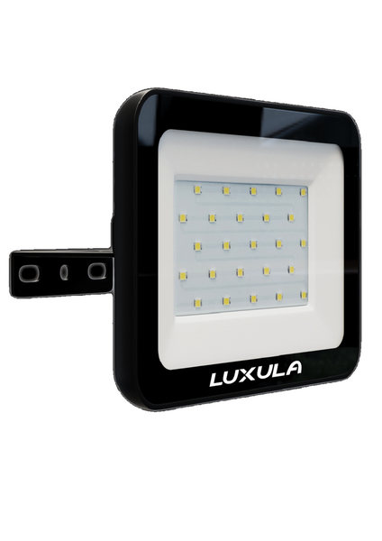 Schwarzer quadratischer LUXULA LED-Strahler mit Montagebügel und mehreren Leuchtdioden.