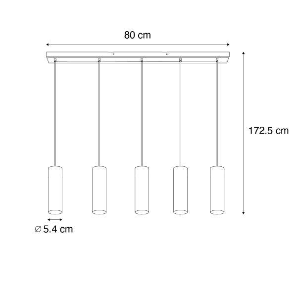 Maßskizze einer fünfflammigen Pendelleuchte mit 80 Zentimeter Länge, 172,5 Zentimeter Höhe und 5,4 Zentimeter Durchmesser je Leuchtenkopf.
