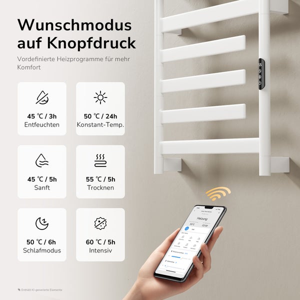 Elektrischer Handtuchheizkörper mit App Steuerung und sechs vordefinierten Heizprogrammen für verschiedene Betriebsmodi.