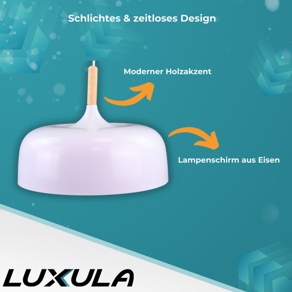 Hängelampe mit Lampenschirm aus Eisen und Holzdetail