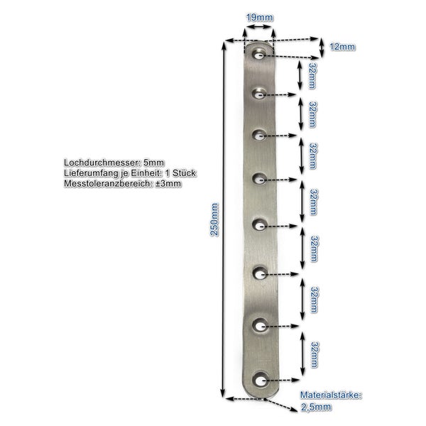 Flachverbinder aus Metall mit 250 Millimeter Länge und acht Befestigungslöchern inklusive technischer Maßzeichnung.