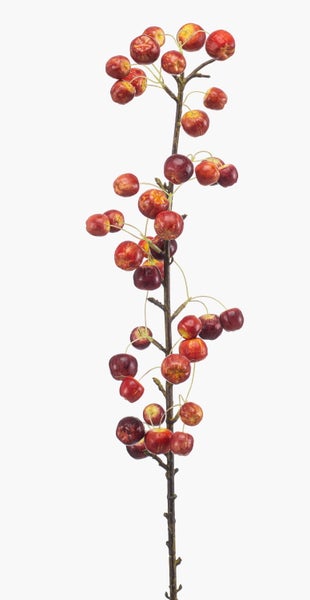 Künstlicher Dekozweig mit vielen kleinen rötlichen Beeren an einem dunklen Stiel.