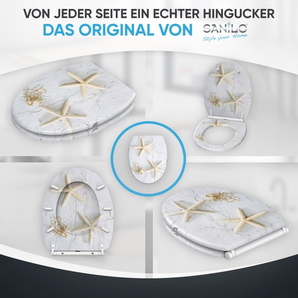 Sanilo WC-Sitz mit Seestern-Motiv auf Steinoptik in verschiedenen Ansichten, geschlossen und geöffnet. Sanilo Logo.