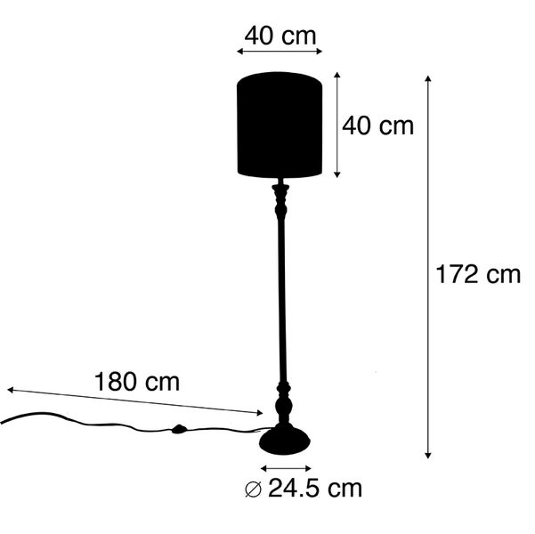 Abmessungen einer Stehlampe: Höhe 172 cm, Schirmdurchmesser 40 cm, Schirmhöhe 40 cm, Fußdurchmesser 24,5 cm, Kabellänge 180 cm