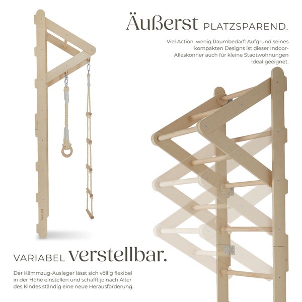 Wand-Klettergerüst aus Holz mit verstellbarem Klimmzug-Ausleger, Turnringen und Strickleiter für Kinderzimmer.