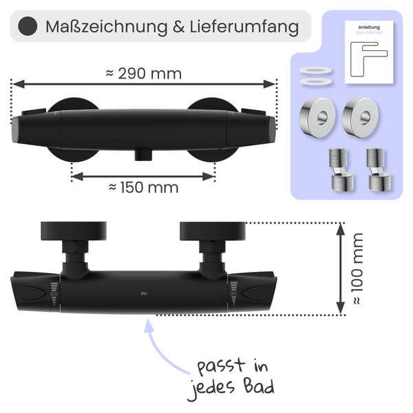Maßzeichnung und Lieferumfang einer schwarzen Duscharmatur mit den Maßen 290 mm Breite, 150 mm Tiefe und 100 mm Höhe sowie Montagezubehör und Bedienungsanleitung
