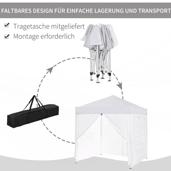 Outsunny Pavillon 2x2m Wasserdicht, Pop-up Faltpavillon mit 4 Seitenwänden, Abflusslöcher Fenster, faltbar Partyzelt UV 30+, Gartenzelt mit Tragetasche, Gartenpavillon für Terrasse, Weiß