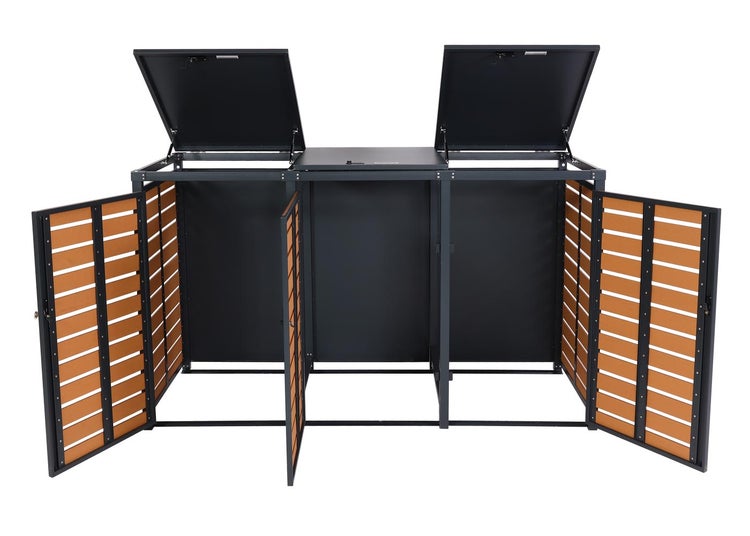 Mülltonnenbox für drei Mülltonnen mit Lamellentüren und geöffneten Deckeln