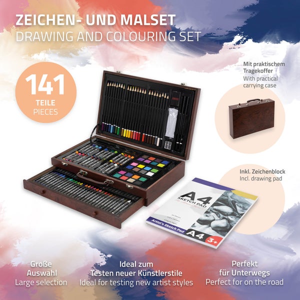 ECD Germany Malset 141 Teiliges, Holz Malkoffer für Kinder & Erwachsene, XXL Malkasten, Kunst Set Zeichenset mit Buntstiften, Ölpastellkreiden, Buntstiften, Skizzenstiften, Aquarellkuchen & Zubehör