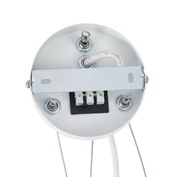 Innenansicht einer runden Deckenhalterung mit Kabelanschluss und Befestigungsmaterial