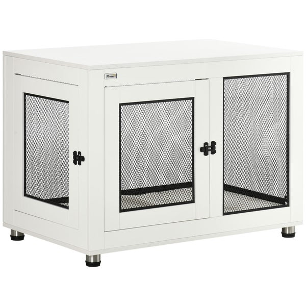 PawHut Hundekäfig für Zuhause, Hundebox mit 2 Türen, Waschbaren Kissen, Hundehütte mit Verstellbare Füße, Riegel, für große Hunde bis 30 kg, Weiß, 94 x 60 x 71,5 cm