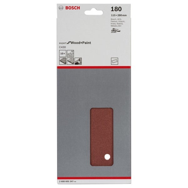 Bosch Schleifpapier Expert Wood and Paint, Körnung 180, Größe 115 x 280 Millimeter, 10 Stück